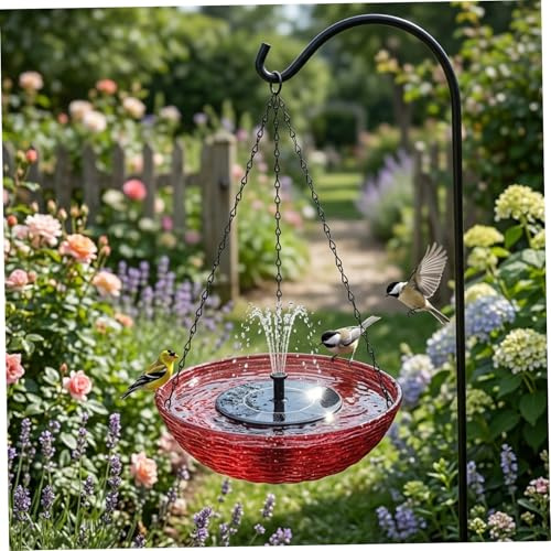 Comebachome Vaschetta per Uccelli sospesa ad energia Solare per Esterni Fontana per Uccelli per Giardino, Patio, Arredamento da Giardino (9x22 Pollici), Rossa, Fontana Solare per Bagno