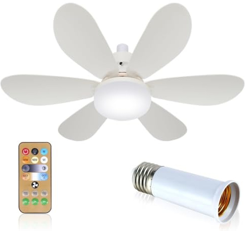 Ventilatore a soffitto con luce e telecomando, attacco E27 a vite, 40W 2400LM dimmerabile, 3 colori e 3 velocità, motore silenzioso, piccolo ventilatore a soffitto da 52 cm per camera da letto, cucina
