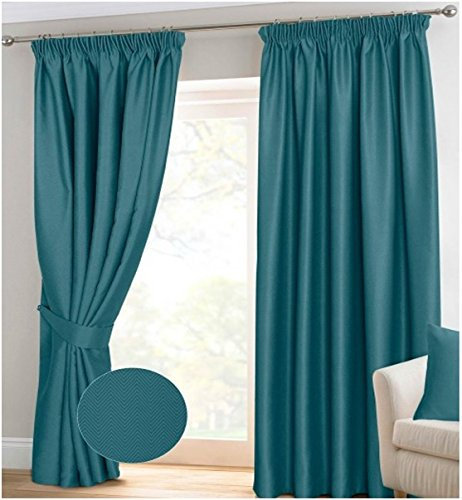 RAYYAN LINEN Thermal Pencil Pleat Blackout Tape Top Pair of Curtains With Free Tiebacks (90 X 90!, Teal)