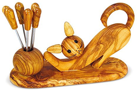 Arte wood spell SRL openings: fork holder in olive wood animal shape 12x8,cat