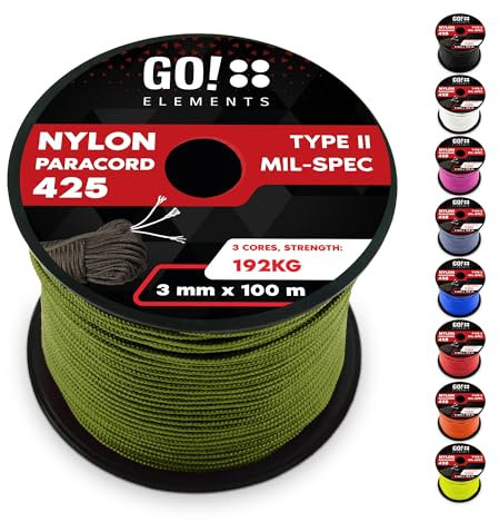 GO!elements 100m Paracord Seil aus reißfestem Nylon - 3mm Paracord 425 Typ II max. 192kg - Schnüre als Outdoor Seil, Allzweckseil, Survival Seil, Armband, Hundeleine, Nylonschnur, Farbe: Oliv