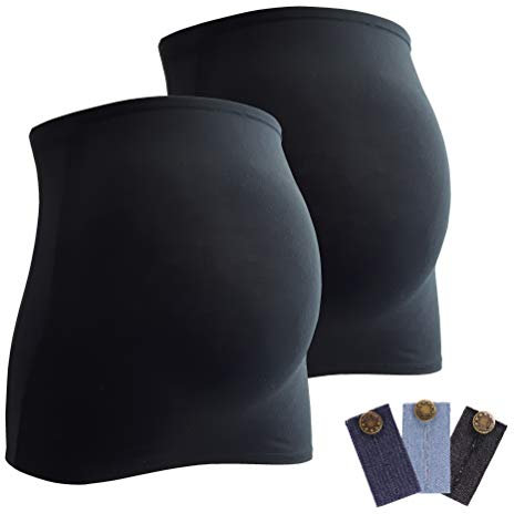 Mamaband Schwangerschaft Bauchband für die Babykugel im Doppelpack + 3erPack Jeanserweiterung – Rückenwärmer und Shirtverlängerung für Schwangere – Elastische Umstandsmode Schwarz 42-48