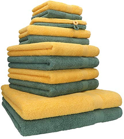 Betz 12-TLG. Handtuch Set Premium 100% Baumwolle 2 Duschtücher 4 Handtücher 2 Gästetücher 2 Seiftücher 2 Waschhandschuhe honiggelb/tannengrün