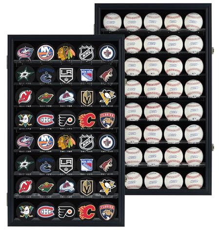 DisplayGifts 40 Hockey Puck Vitrine Schrank Halter Rack Baseball Case Ball Cubes Aufbewahrungsschrank mit UV-Schutz Tür abschließbar, schwarz Finish Rahmen