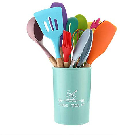 Silicone Cooking Utensils Kitchen Utensil Set - 446°F Heat Resistant,Turner Tongs,Spatula,Spoon,Brush,Whisk. Wooden Handles Gray Kitchen Gadgets Tools Set for Nonstick Cookware(Colourful-12pcs)