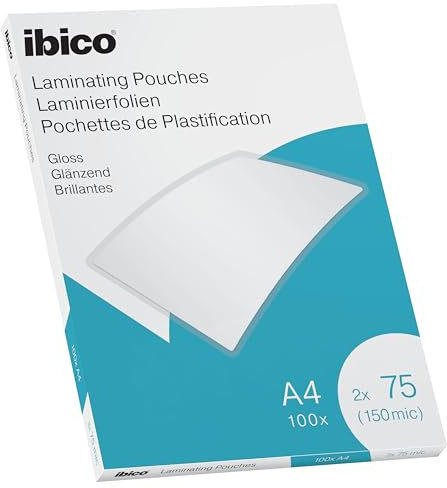 Ibico Laminierfolien A4 150 Mikron (2 x 75 mic), 100 Stück, Glänzende Heißlaminierfolien, Abgerundete Ecken, Dünn und transparent, Kristallklar, Ideal für Büro oder Schule, 627316
