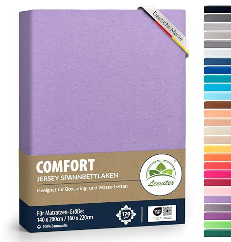 leevitex® Premium Spannbettlaken 140x200-160x220 cm - 40 cm Steg - auch für Boxspringbett & Wasserbett | 100% Mako-Jersey-Baumwolle | ÖKO-TEX | 170g/m² | Flieder/Lavender