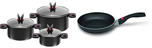 BALLARINI Topfset, 3-tlg., Inkl. 3 Glasdeckel, Antihaftbeschichtet, schwarz & Click & Cook Pfanne 28 cm 815130.28 aus Aluminium mit Keravis-Antihaftbeschichtung und einklabbaren Stiel