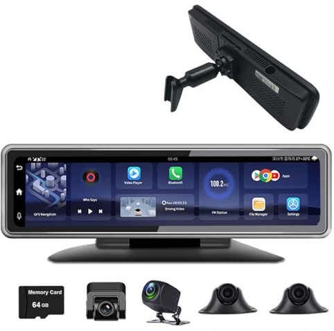 XRC TECH 4G Dash cam Android 8.1 mirror DVR 360°Panoramic with 4 cams recording wifi GPS bluetooth 12 inch IPS Touch Screen with console base and special bracket Car DVR Rear View Reversing Mirror