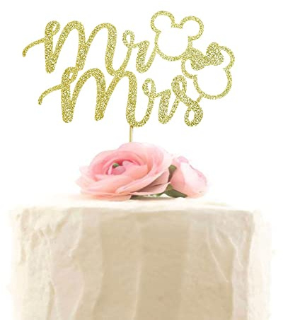 Mr & Mrs Cake Topper, Mouse Inspired Themed Wedding Party Decorations, Cartoon Mouse Bride and Groom Wedding Party, Gold Glitter