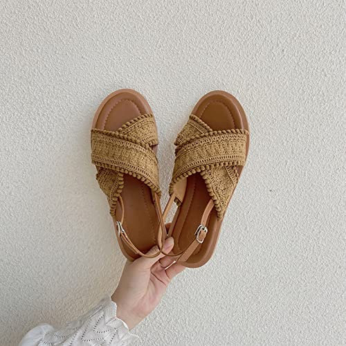 TOMDO Bohème Sandales Corde Plates Femme Été Confortable Tong Jaune en Paille Nu Pied Femmes Plage Piscine Élégant Espadrilles Tong Sandale Ado Fille Bande Croisée,Marron,US6/EU37