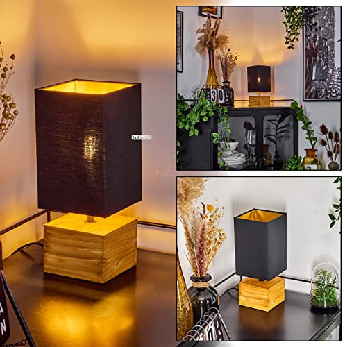 Tischleuchte Geneva, Nachttischlampe, Holz/Stoff in Natur/Schwarz/Goldfarben, Tischlampe 1-flammig im skandinavischen Design, E14, Länge 12,5 cm, Leuchte m. An-/Ausschalter am Kabel, ohne Leuchtmittel