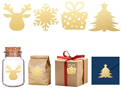 AIEX 120 Pezzi Etichette Adesive Natale, Sigilli Busta Alce Fiocco di Neve Pacchetto Presente Albero di Natale Adesivi in Lamina Oro per Buste Biglietti d'Auguri Scatole Regalo(4 Modelli)