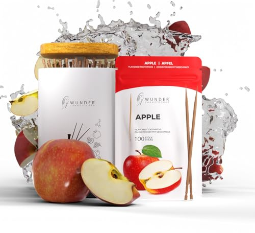 Zahnstocherspender von Wunder Zahnstocher - Spender mit easy-lift Funktion - Zahnstocherhalter + 1 Refill Pack (100 Zahnstocher) - Zahnstocher mit Geschmack (SPENDER + APFEL REFILL)