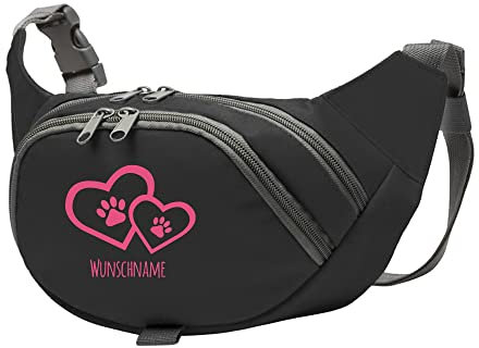 Tierisch-tolle Geschenke Hundesport Bauchtasche Leckerlie-Tasche mit 2 Herzen, 2 Pfoten und Wunschnamen personalisiert | Hundetraining | Leckerlie Beutel (Schwarz/Pink)
