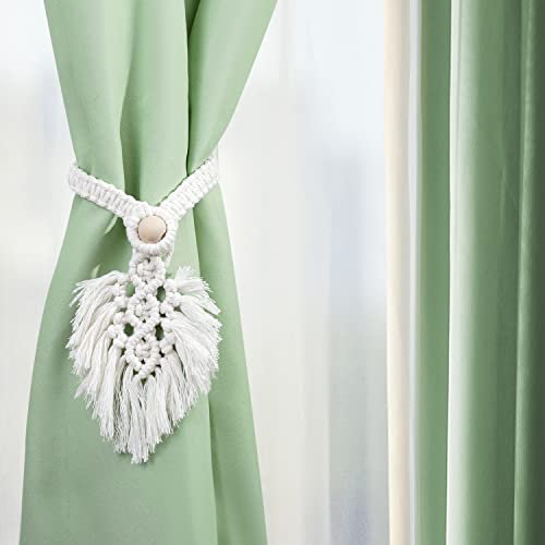 2 Stück Vorhang Raffhalter Boho Style Beige Makramee Vorhanghalter Baumwollseil Stoff Gardinenhalter Gardine Holdbacks Tiebacks Gardinenraffer Clips Feder Gardinenklammern für Vorhänge Gardinen Deko