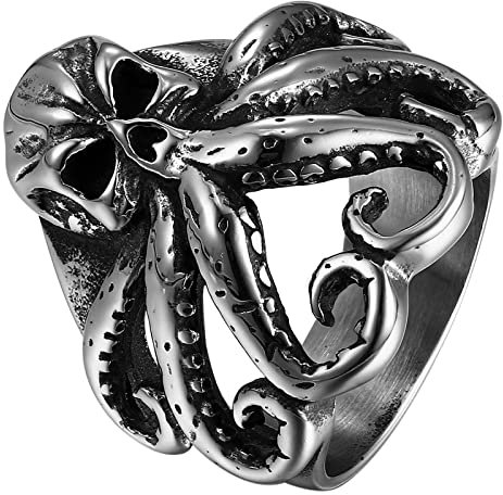 JewelryWe Schmuck Retro Herren-Ring Gotik Punk Krake Octopus Totenkopf Schädel Ring Edelstahl Bandring Band mit Gravur, Silber Größe 62