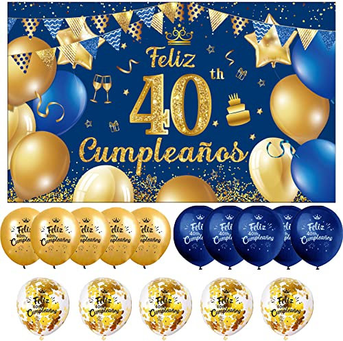 Decoración para Cumpleaños 40 en Español - Pancarta Feliz Cumpleaños, Fondo Cartel, 15 Globos - Kit de Adornos Azul y Oro para 40 Años - Happy Birthday