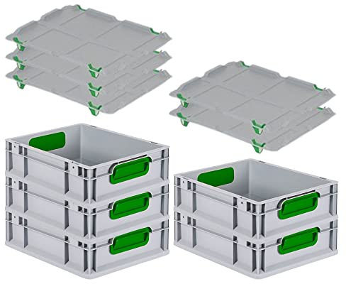 PROREGAL SuperSparSet 5x Eurobox NextGen Color mit Auflagedeckel & Schiebeschnappverschlüsse, HxBxT 12x30x40cm, 11L, Griffe grün geschlossen, Glatter Boden, Eurobehälter Transportbox Transportbehälter