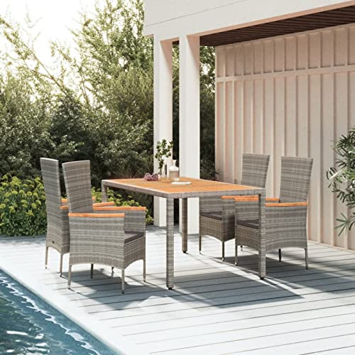 Tidyard 5-TLG. Garten Essgruppe, Sitzgruppe Garten 4 Personen, Terrassenmöbel, Gartenmöbel, Esstisch mit Holz-Tischplatte & 4 Stühlen, mit Kissen Grau Poly Rattan