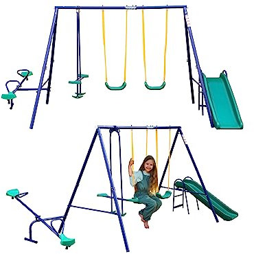 MUWO Kinder Spielgerüst, Gestell mit Einzelschaukel, Doppelschaukel oder mit Schaukeln, Schaukelwippe, Wippe und Rutsche, optimal für Garten und Hof (Elliot Schaukeln, Schaukelwippe, Wippe, Rutsche)