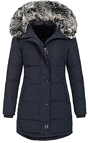 Damenjacke in Übergröße – Reißverschluss mit Kapuze innen für Damen Wintermantel dünn gepolsterte Jacke mit Kapuze Kunstfell warm Fleece Mode Kordelzug Jacke, marine, 50