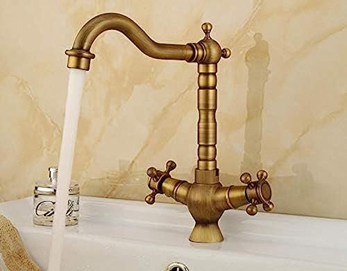 Küchenarmaturen, Waschtischarmaturen, Antikes Messing, Badezimmer-Waschbecken-Wasserhahn, Auslauf, Doppelter Kreuzgriff, Bad, Küche, Mischbatterie, Warm- Und Kaltwasserhahn
