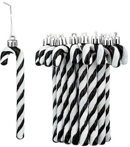 HERZWILD 12Pcs 13cm Glitter Candy Cane Christmas Tree Decorations Christmas Plastic Candy Cane Christmas Tree Hanging Pendant Ornament for Holiday Party Decoration Favorhanging (black)