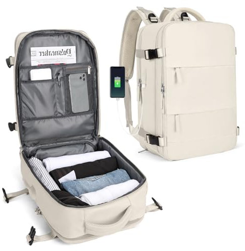 SZLX Großer Reiserucksack Damen, Handgepäck Rucksack,Wanderrucksack Wasserdichter Outdoor-Sportrucksack Lässiger Tagesrucksack Schultasche Fit 14 Zoll Laptop mit Schuhfach und Laptopfach,Weiß
