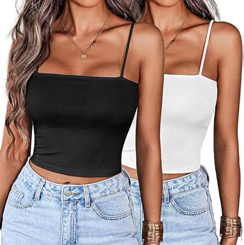 Ekouaer Pack de 2 Camisetas Sin Mangas para Mujer Top Corto Sexy de Verano Camisola Básica Tank Top Corto Informal de Espagueti Y2k Negro + Blanco S
