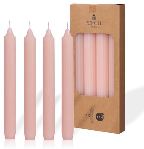 COMFORDER Set di 4 candele da tavola in tinta unita + a coste, 20 cm, durata 7 ore (rosa)
