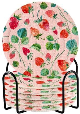 Absorbierende Untersetzer mit Erdbeeren, Set mit Halter, 6 Stück, Untersetzer für Schreibtisch, saugfähige Untersetzer, Baumwollseil-Untersetzer