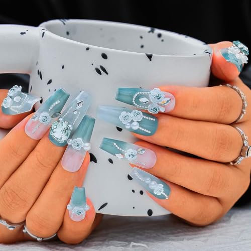 Sethexy Long Coffin Handmade False Nails - Gradient, French Tip, Rhinestone, 3D Flower Press on Nails Women Salon Stick on Nails 10PCS
