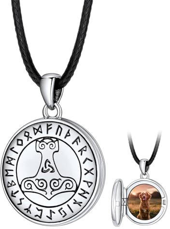 FaithHeart Men's Leather Necklace with Photo, Personalized Viking Thor's Hammer Locket Copper Jewellery, Customized Picture Neck Chains