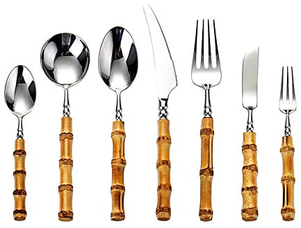 Juego de cubiertos de bambú para 12, juego de cubiertos de acero inoxidable 18/10 de 84 piezas, juegos de cubiertos con mango de bambú natural, utensilios de cocina para 7, juegos de cubiertos, apto