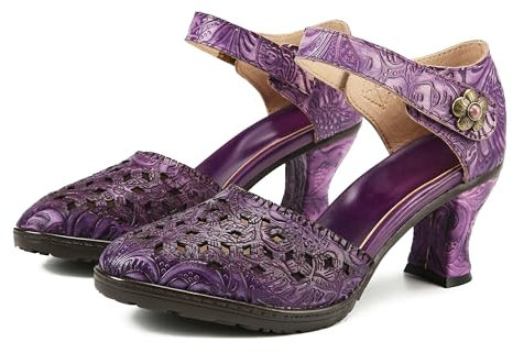 CrazycatZ Damen Leder Bunte Mary Jane Schuhe mit Schleife, Vintage Patchwork Mary Janes Pumps (Purple, Erwachsene, Damen, 39, Numerisch, EU Schuhgrößensystem, M)