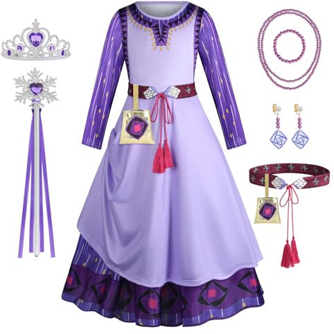AOOWU Wish Asha Kostüm, Lila Asha Kleid für Kinder Mädchen, Prinzessin Kleid Mädchen mit Krone Ohrringen Halskette Tasche Gürtel, Asha Cosplay Kleider Karneval Halloween Weihnachten Geburtstag(150)