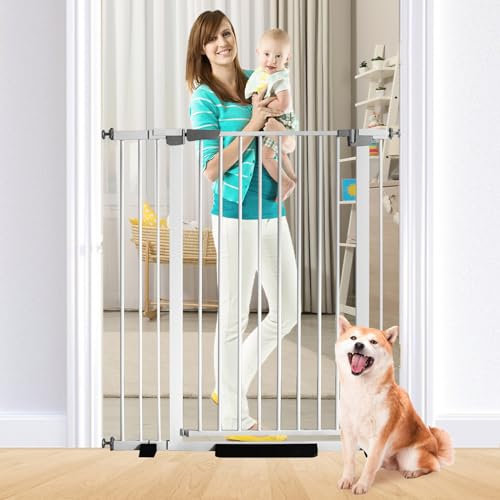 Puerta de bebé de 41 pulgadas de alto, puerta de perro de cierre automático ajustable de 76.0 cm-111.0 cm de ancho, montada a presión, puerta de mascotas para puertas (blanco, 76.0 cm-111.0 cm de