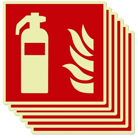 Mumjooyi 6pcs Señal Extintor PVC Autoadhesivo Señal Fotoluminiscente Extintor para Exterior e Interior Señal de Protección Contra Incendios 145mm x 145mm (6 Pcs,Carteles de extintor)