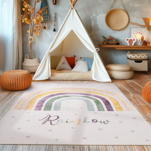 SIMPEX Kinderteppich Teppich Kinderzimmer Regenbogen Design Moderner Babyzimmerteppich Teppiche Spielteppich für Jungen und Mädchen Teppich Creme Waschbar und rutschfest 100 x 150 cm, Rechteckig