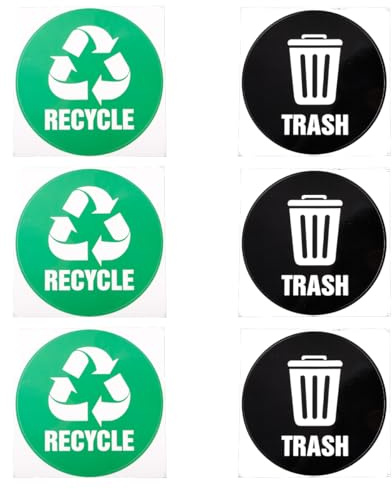 GroveEss 6PCS Recycle and Trash Logo Stickers,Waterproof Garbage Sorting Signs,Self Adhesive Recycling Decal Labels for Trash Can Garbage Bin Organizing Home Kitchen Office