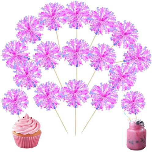 Ephlyn 30Pcs Foil Firework Cupcake Toppers Happy Birthday Cake Toppers Tinsel Flower Drink Stirrers Cocktail Food Fruit Toothpicks for Valentine's Day Party Decorations Rose Red