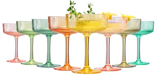 Shatterproof Acrylic Ribbed Vintage Art Deco Martini, Champagne & Cocktail Bright Pastels Color Plastic Tritan Coupe Glasses | Set of 8 | 8 oz Ripple Classic Cocktail Indoor & Outdoor, European Style