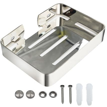 Shonmogar Porte-savon mural en acier inoxydable avec vis, porte-savon robuste pour barre de savon, éponge, porte-savon élégant pour douche, salle de bain, évier de cuisine, argent poli