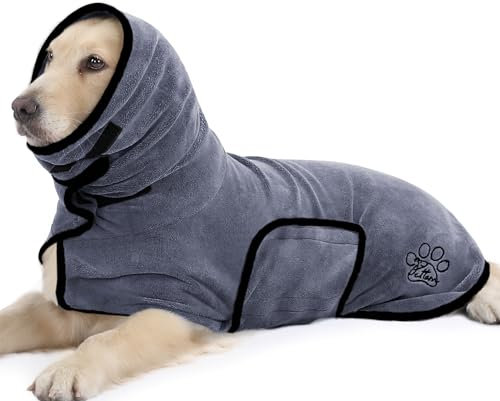 PETTOM Hundebademantel Mikrofaser, Bademantel Hund Extra Saugfähig und Schnelltrocknend, Hunde-Bademantel für Kleine Hunde mit Klettverschluss und Hohem Kragen (Grau, S)