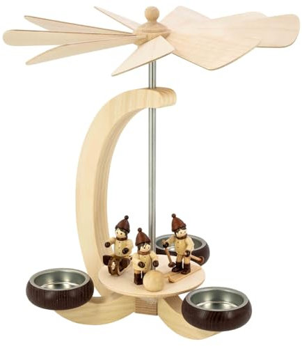 Seiffener Volkskunst | Erzgebirgische Weihnachtspyramide im eleganten Bogendesign in Naturtönen | 23 cm | Handgefertigte Pyramide Erzgebirgspyramide | Winterkinder