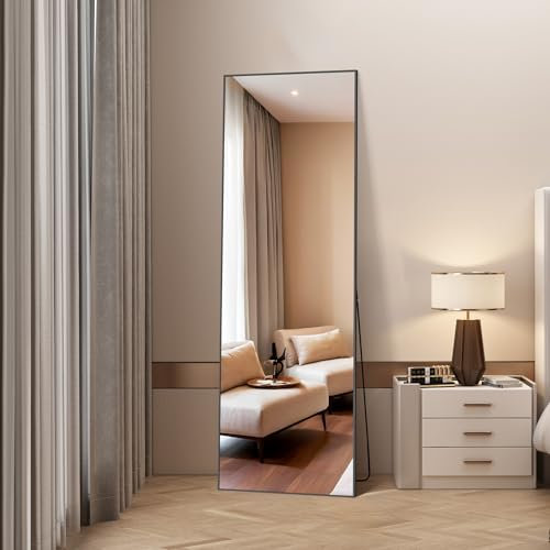 NIMURY Miroir sur Pied 161 x 52 cm, Grand Miroir Mural en Pleine Longueur avec Cadre en Aluminium Noir, Miroir Rectangulaire pour Salle de Bain, Chambre, Entrée et Couloir