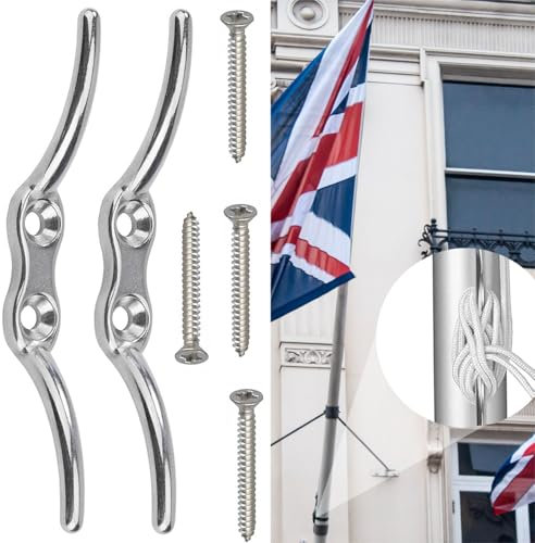 DILUSILK 6 Pcs Cleat Hook Heavy Duty Galvanised Rope Cord Cleat Hook, Flagpole Cleat Hook Trailer Rope Tiebacks Roman Blind Cord Hooks Cleat Hooks for Washing Line (2 Rod Hooks + 4 Screws)
