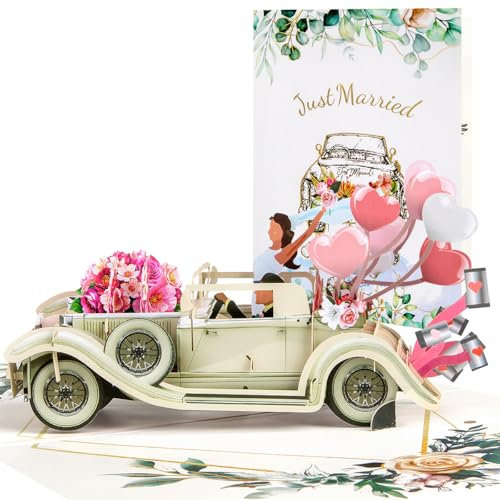 CNLITIHEKA Hochzeitstagskarten - Hochzeitsauto mit Braut und Bräutigam, Pop-Up-Jubiläumskarten, für Valentinstag, Verlobung, Hochzeit, Jahrestag, inkl. Umschlag.