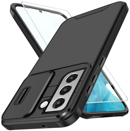 S22 Handyhülle für Samsung Galaxy S22 Hülle mit Schutzfolie Und Slide Camera Cover Kameraschutz, S22 Schutzhülle Militärschutz Stoßfeste Kratzfeste Panzerhülle für Samsung S22 5G Cover (Schwarz)